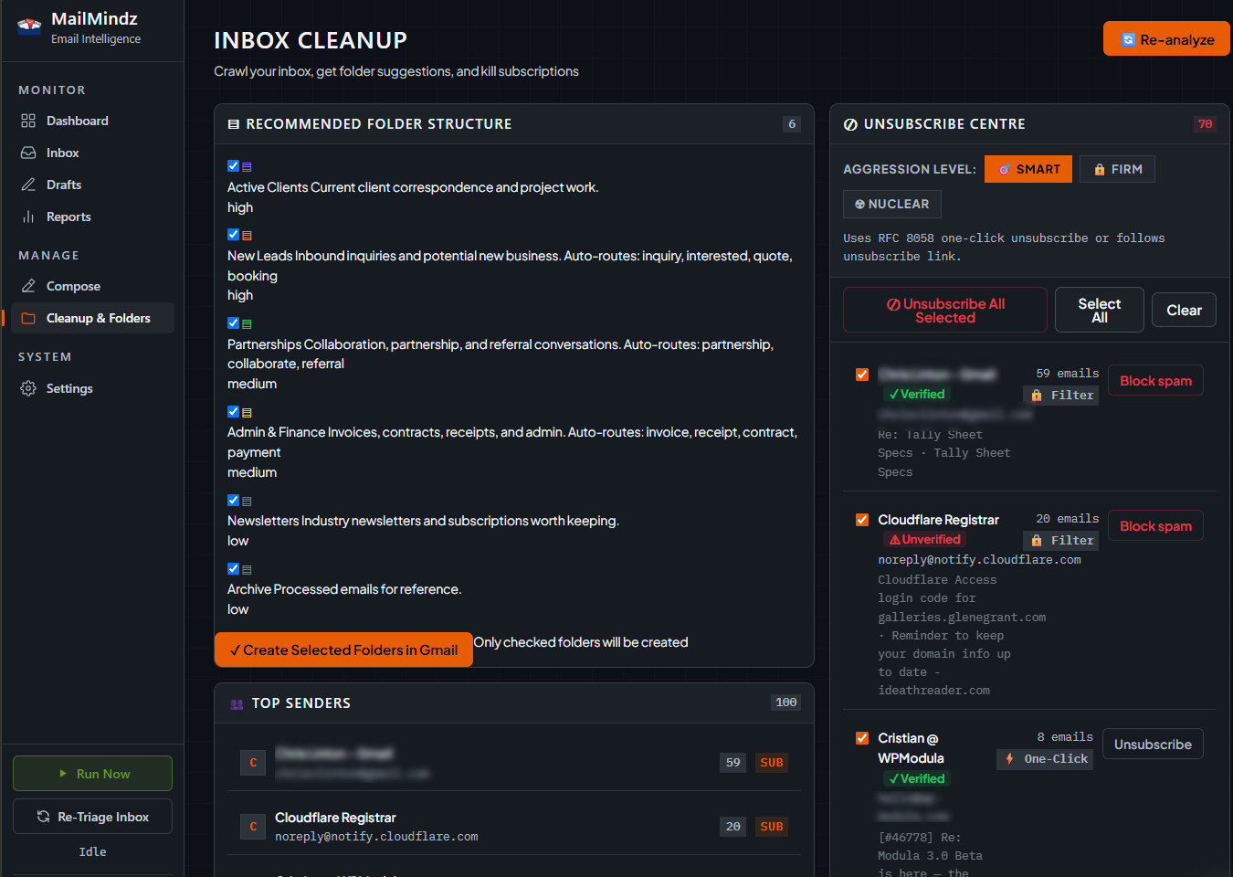 MailMindz inbox cleanup with recommended folders and an unsubscribe centre separating verified from unverified senders