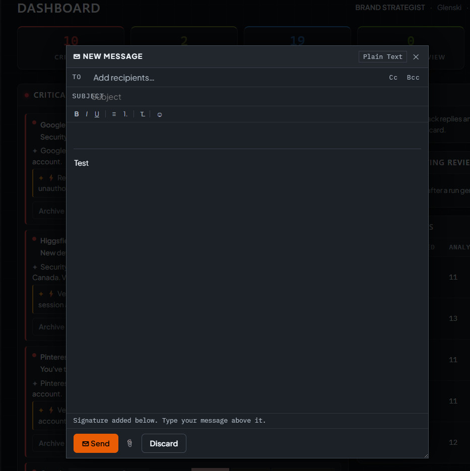 MailMindz compose window with a drafted reply and signature ready to send