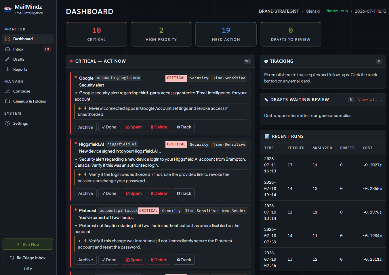 MailMindz dashboard highlighting critical emails to act on now with urgency counts